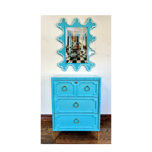 High Gloss Vintage Drexel Kensington Faux bamboo 3 Drawer Small Chest of Drawers/Dresser/Bedside Table (Mirror also available for sale)