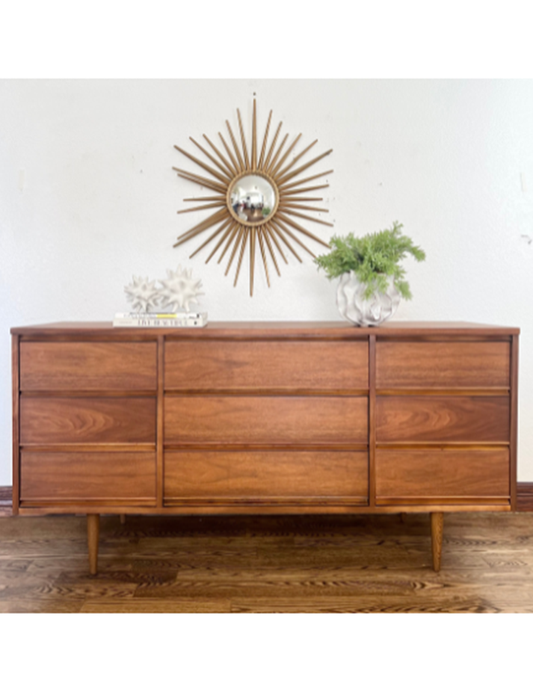 Dixie 9 Drawer Walnut Mid Century Modern Dresser