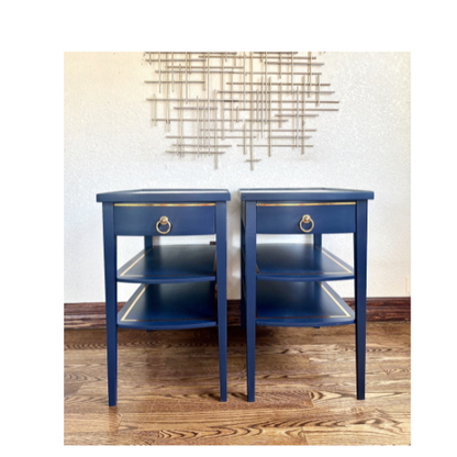 A pair of Vintage Modern Navy Blue Mersman End Tables/Bedside Tables/Nightstands/side tables