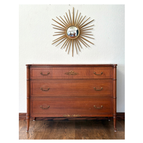 CUSTOMIZABLE  Stain/paint Vintage French Directoire style 3-drawer commode / chest of drawers produced by the Baker Furniture Company.