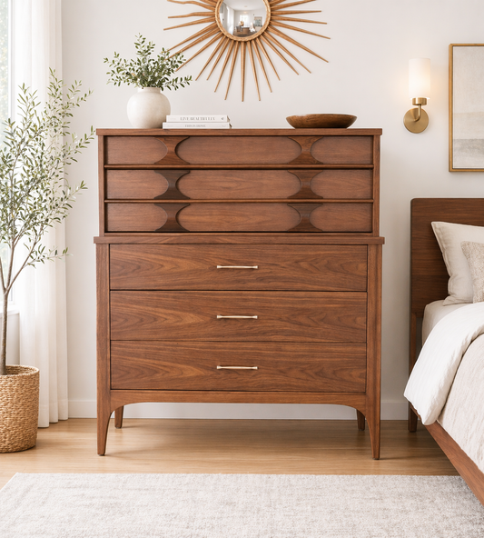 Kent Coffey Perspect0 Mid-Century Modern Walnut Highboy Dresser | Sculpted Wood Front | Vintage MCM Chest of Drawers